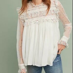 Anthropologie White Sheer Ruffle Top